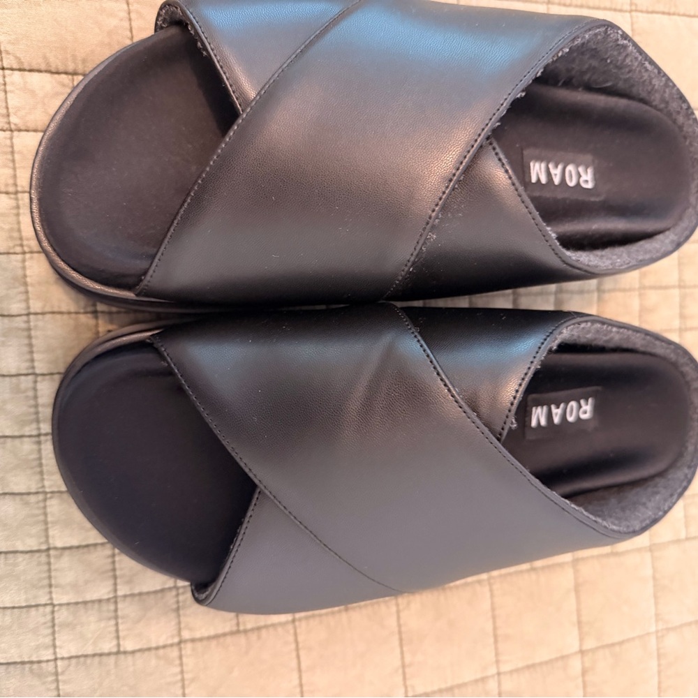 ROAM Black Slide Sandals with Gold Accent